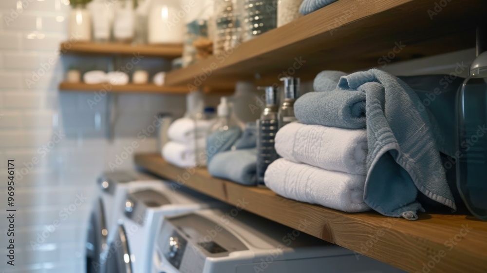 Clean and Organized Bathroom Interior with Folded Towels on Wooden Shelves