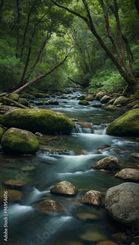 A serene creek flows through a lush, green landscape, surrounded by rocks and trees.