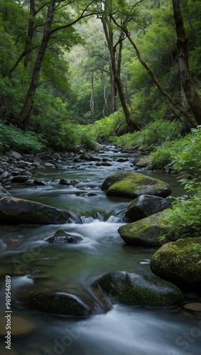 A serene creek flows through a lush, green landscape, surrounded by rocks and trees.