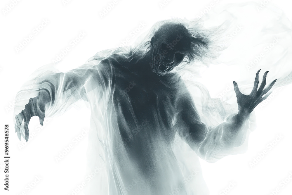 Fototapeta premium Eerie ghost figure with ethereal, mist-like appearance, appearing to float. Perfect for Halloween themes, horror concepts, and spooky decorations.