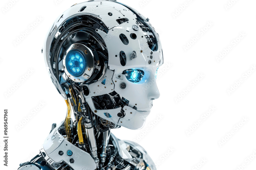 Futuristic humanoid robot with blue eyes and complex mechanical components, representing advanced AI technology. Side profile view. Futuristic humanoid robot with blue eyes and complex mechanical components, representing advanced AI technology. Side profile view.