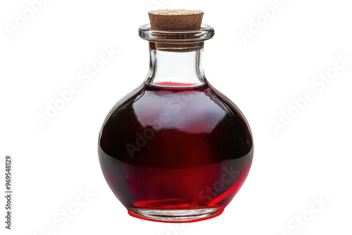 Glass bottle with red liquid, cork stopper. Perfect for recipes, cosmetics, medicinal use, or as a decorative piece.