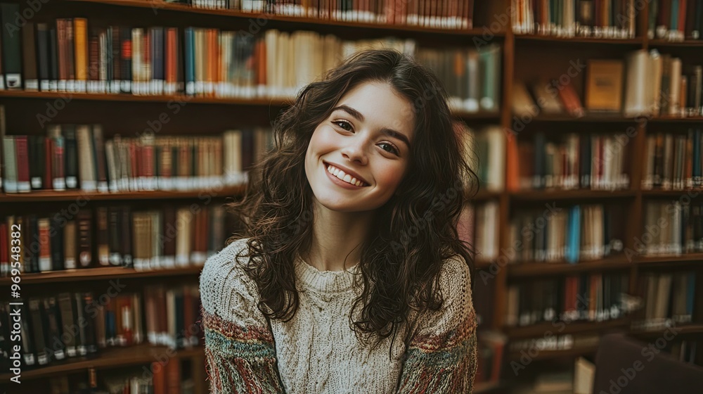 Smiling woman in a library. Perfect for blogs about education, learning, and knowledge. Smiling woman in a library. Perfect for blogs about education, learning, and knowledge.