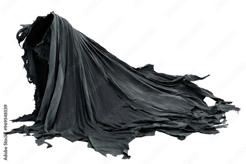 Haunting figure draped in torn black fabric, ghostly and mysterious silhouette, perfect for horror and gothic themed projects. Haunting figure draped in torn black fabric, ghostly and mysterious silhouette, perfect for horror and gothic themed projects.