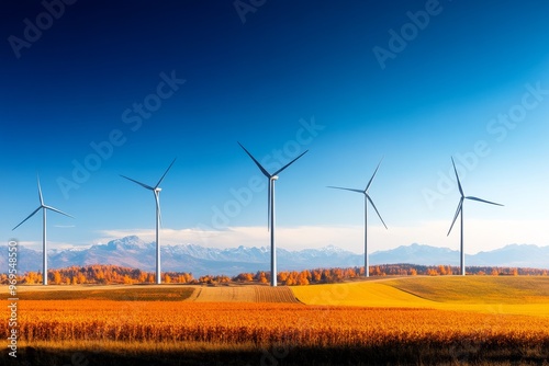 Wind turbines stand tall against a clear sky in an autumn landscape with vibrant orange fields and distant mountains