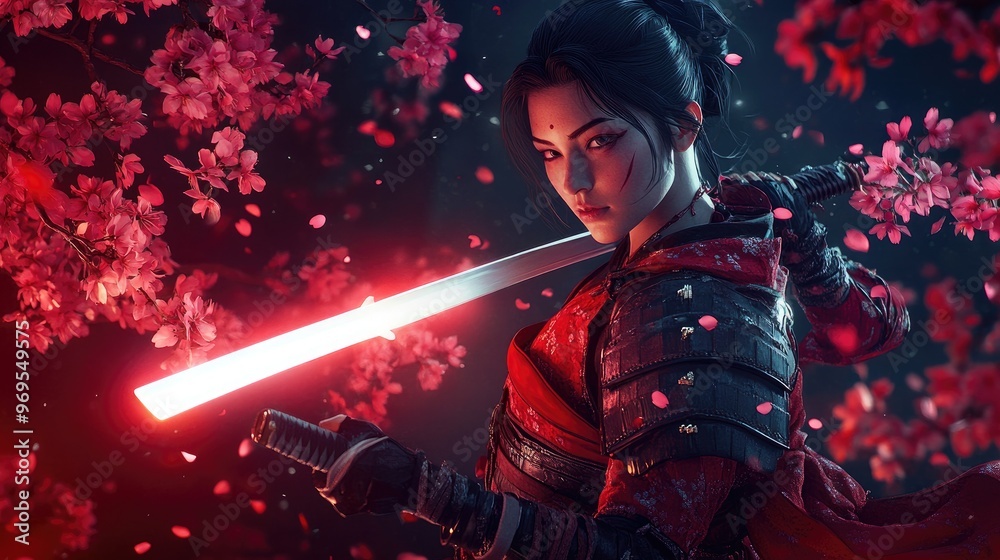 Fototapeta premium Woman with Sword and Falling Cherry Blossoms.