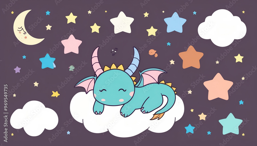 Little cartoon dragon sleeping on a cloud, flat design illustration Little cartoon dragon sleeping on a cloud, flat design illustration