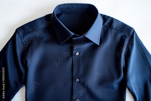 Crisp Navy Blue Shirt Laid Flat on White Surface - Neat and Wrinkle-Free Clothing Concept