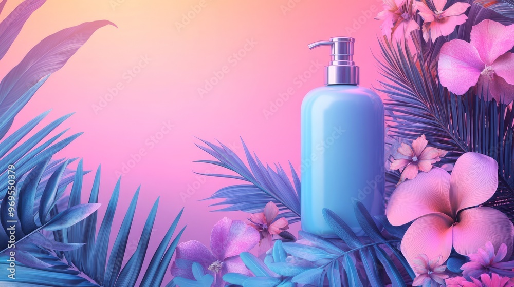 Blue bottle of lotion surrounded by tropical foliage and pink flowers on a pink and orange gradient background. Blue bottle of lotion surrounded by tropical foliage and pink flowers on a pink and orange gradient background.