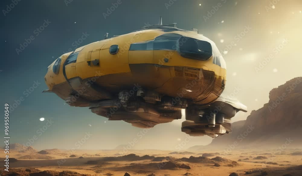 Yellow Spaceship Flying Over Desert Planet Yellow Spaceship Flying Over Desert Planet