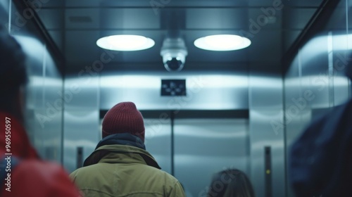 People Waiting in a Modern Elevator