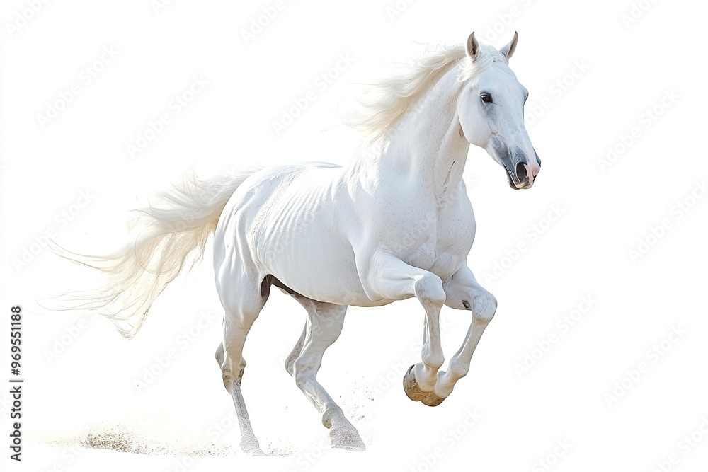 White horse with long mane run free gallop isolated on white White horse with long mane run free gallop isolated on white