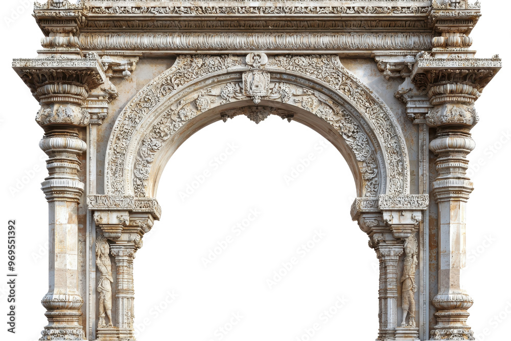 Naklejka premium Ornate stone archway with intricate engravings and columns, isolated on a transparent background. Perfect for historical and architectural themes.