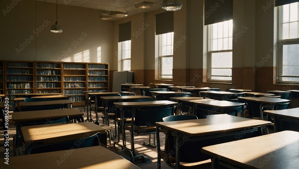 An empty classroom with bookshelves, bathed in sunlight, awaiting eager students An empty classroom with bookshelves, bathed in sunlight, awaiting eager students