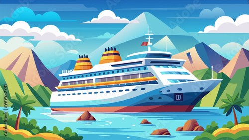 Large cruise ship in cartoon vector illustration set. Sea and ocean big passenger vessel, steamboat and yacht for marine vacation. Modern big luxury navy transport for maritime journey and voyage.