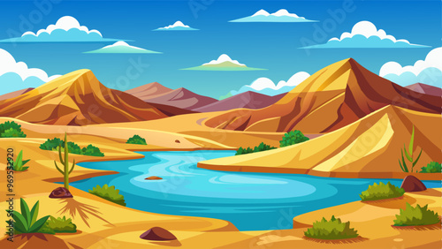 Desert landscape with dunes and lake. Cartoon vector illustration of empty drought sand scenery with hills, water pond or river with bushes on shore, blue sky with clouds on sunny summer day.