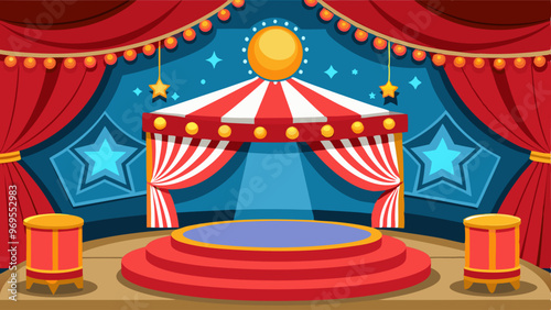 Cartoon circus stage vector background. Carnival arena with red vintage theater curtain. Cirque show round scene festival illustration. Empty marquee podium. Festive theatre platform with neon light.