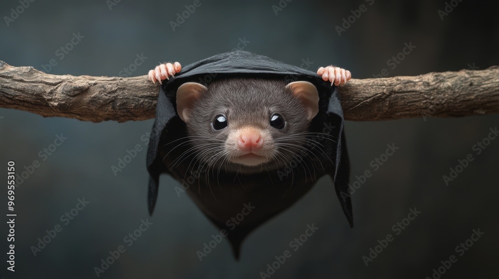 Obraz premium A close-up of a cute animal peeking out from a dark fabric while hanging on a branch, showcasing its adorable features.