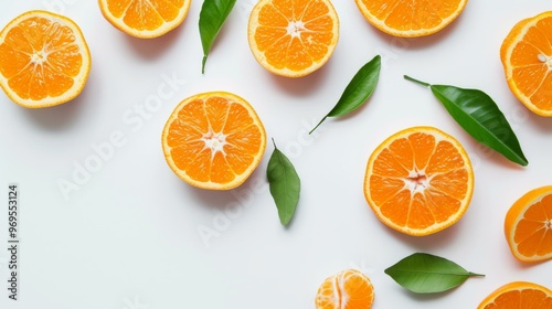 Fresh Orange Slices with Green Leaves on White Background