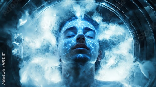 Inside a modern cryochamber, a figure lies peacefully while blue mist and light envelop them, creating a surreal environment that suggests advanced technology and preservation photo