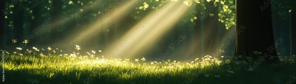 Fototapeta premium Sunlight filters through trees, casting beautiful rays onto the lush green grass, creating a serene and tranquil atmosphere.