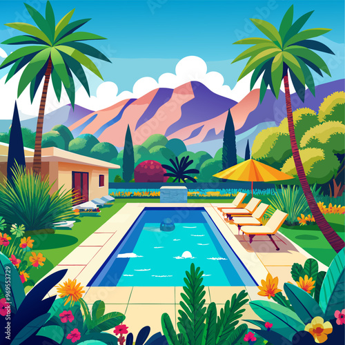 Cartoon swimming pool with mountains on horizon. Vector illustration of hotel backyard area with recreation poolside lounge zone surrounded by green bushes, palm trees and flowers. Summer vacation