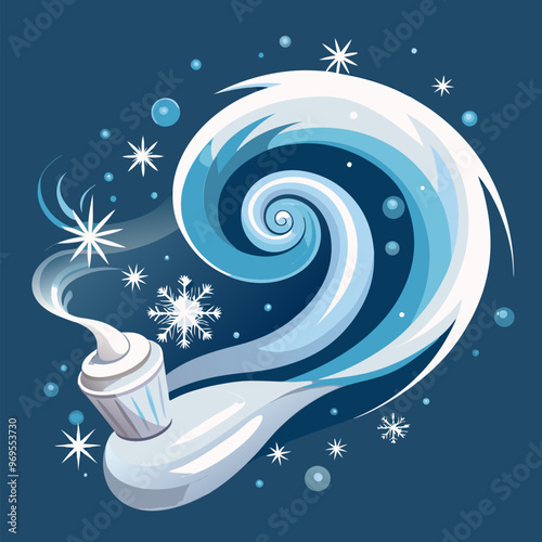 White swirl fragrance wind spraying with glow effect and snow particles. Realistic vector illustration set of cold fresh breeze spray stream motion with snowflakes and bright luminous sparkles.