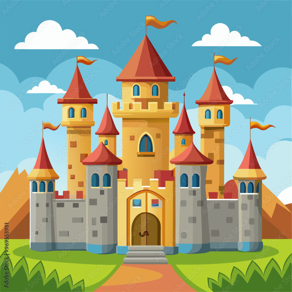 Fairytale medieval castle with towers and flags, windows and gate doors, stone walls. Cartoon vector illustration set of magic royal palace. Collection of ancient kingdom architecture with turret. Fairytale medieval castle with towers and flags, windows and gate doors, stone walls. Cartoon vector illustration set of magic royal palace. Collection of ancient kingdom architecture with turret.