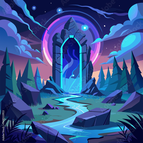 Magic portal in fantasy game landscape background. Night alien planet scene with blue lightning gate to cosmic nightmare universe. Adventure dry forest nature with stone and fantastic mystic hole