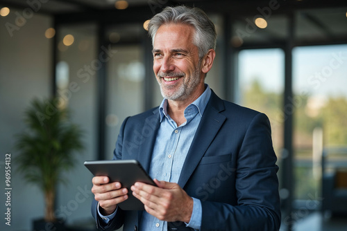 Happy middle aged business man ceo wearing suit standing in office using digital tablet. Smiling mature businessman professional executive manager looking away thinking working on tech device.