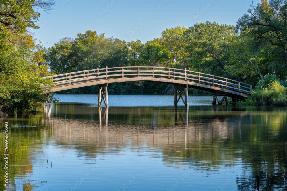 Wooden Bridge over Calm Lake in a Green Forest Wooden Bridge over Calm Lake in a Green Forest