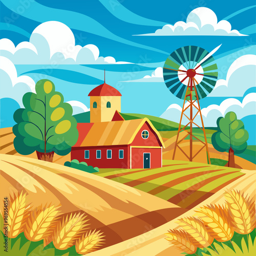 Wheat farm field with straw and mill illustration. Hay, barn and windmill rural vector landscape. Crop corn stack on meadow and blue sky peaceful environment panorama. Traditional harvest season