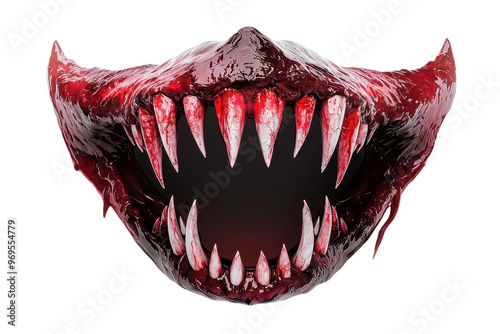 Terrifying close-up of a monstrous mouth with sharp, bloodied teeth, perfect for horror and Halloween themes. photo