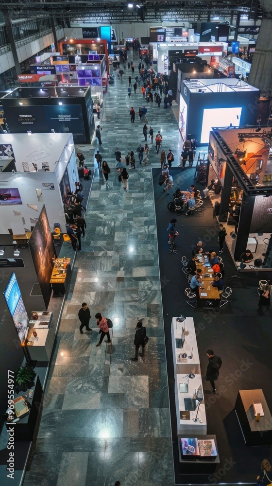 The image depicts a busy exhibition hall with visitors exploring stands showcasing models and motorcycles. The event likely focuses on technology or transportation. The image depicts a busy exhibition hall with visitors exploring stands showcasing models and motorcycles. The event likely focuses on technology or transportation.