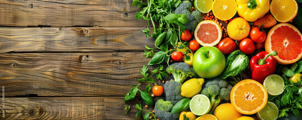 A vibrant assortment of fresh fruits and vegetables arranged on a wooden background, highlighting health and nutrition. A vibrant assortment of fresh fruits and vegetables arranged on a wooden background, highlighting health and nutrition.