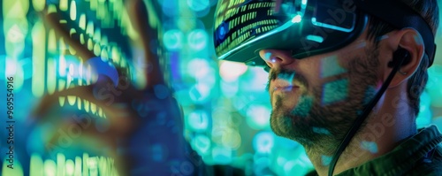 A man using a virtual reality headset exploring a digital world with a futuristic interface, immersed in a high-tech digital environment.