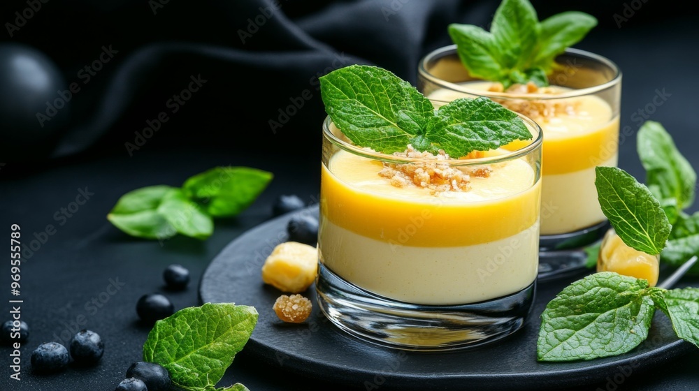 Two glasses of a layered yellow and white dessert topped with mint leaves and sprinkled with granola on a black plate. Two glasses of a layered yellow and white dessert topped with mint leaves and sprinkled with granola on a black plate.