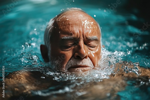 Close-up photo of a man swimming. Perfect for illustrating articles about senior health and water exercise.