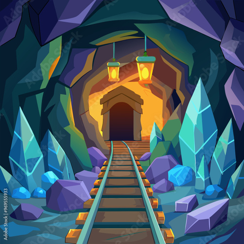 Mine cave with crystal cartoon game background. Underground tunnel entrance inside mountain coal shaft with railway illustration. Fantasy and mysterious dark corridor scene with stalagmite glow