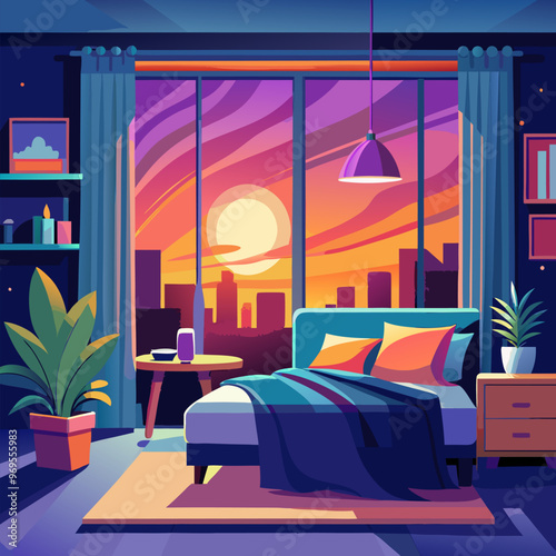 Bedroom interior room with sunset cityscape view vector background. Modern clean hotel apartment with cozy sleep furniture indoor design. Curtains on big window and beautiful domestic flower pot