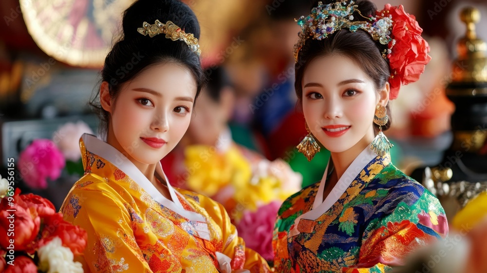 Two women dressed in vibrant traditional attire pose elegantly, highlighting their detailed headpieces and colorful clothing. Two women dressed in vibrant traditional attire pose elegantly, highlighting their detailed headpieces and colorful clothing.