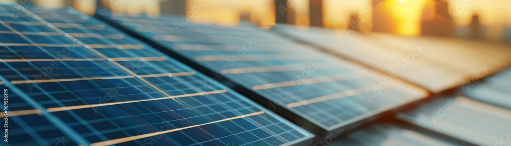 Close-up of solar panels with a city skyline in the background, capturing the essence of renewable energy at sunrise. Close-up of solar panels with a city skyline in the background, capturing the essence of renewable energy at sunrise.