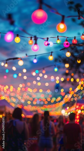 A lively night market scene with vibrant colorful lights, a dense crowd, and a festive atmosphere under a deep blue sky, resembling stars.