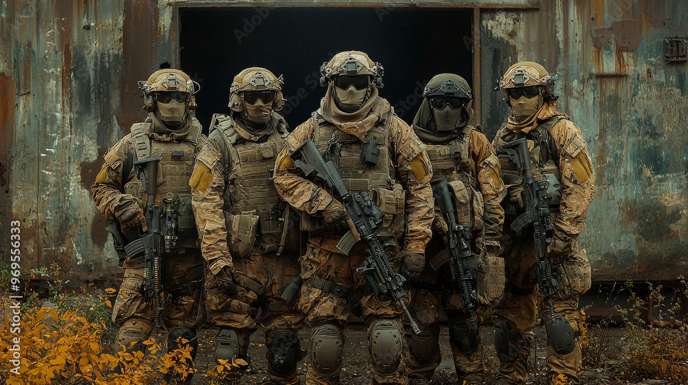 Fototapeta premium Five soldiers in camouflage gear stand in front of an old metal building, holding weapons.