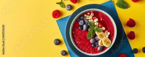 Colorful smoothie bowl with fresh berries, bananas, and mint leaves on a vibrant yellow background, perfect for a healthy breakfast or snack. photo