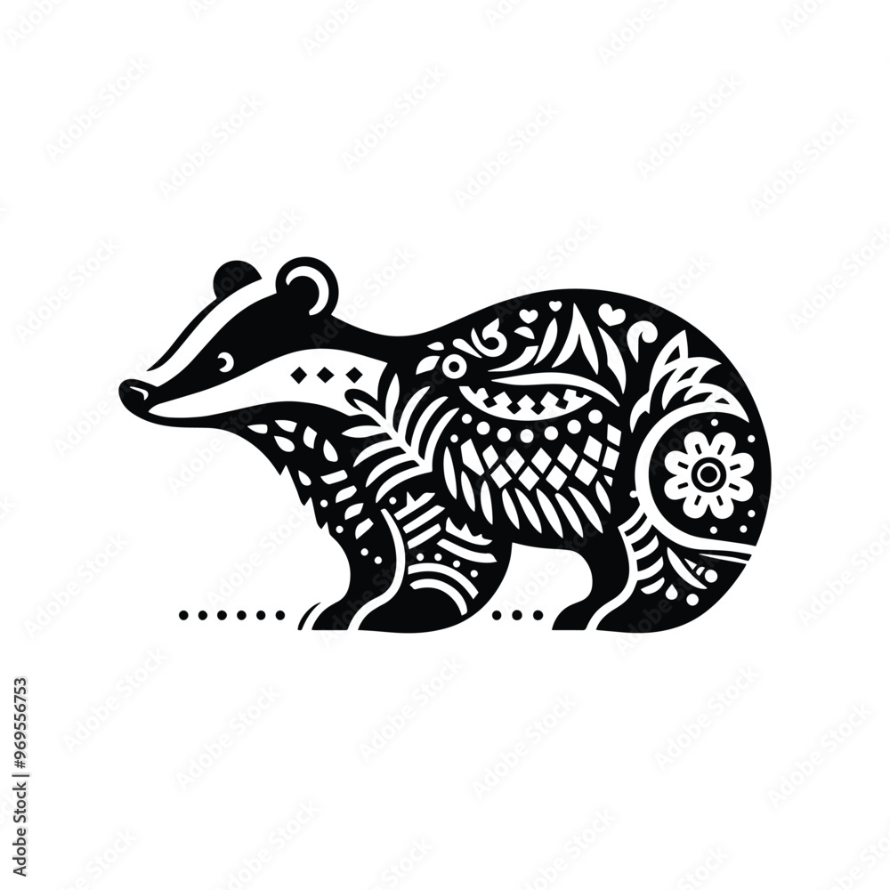 Badger in folk art black and white silhouette illustration - Badger in folk art black and white silhouette illustration -