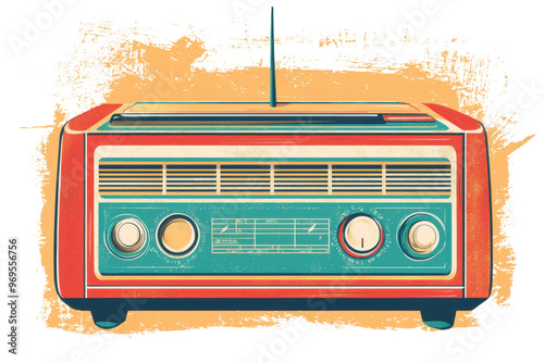 Vintage retro radio illustration with vibrant colors on a textured background, evoking nostalgia and classic design.