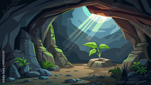 Interior of dark underground cave with rays of sunlight passing from above and shining on small growing plant with leaf. Cartoon vector illustration of dungeon inside with stone walls and stalactites.