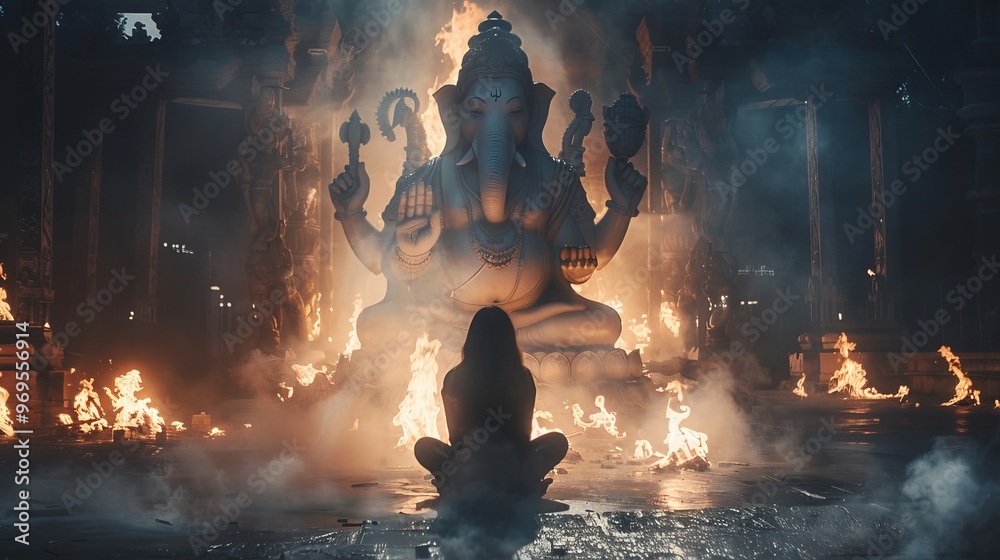 Spiritual indian couple offering prayers and devotion in front of the sacred idol of lord ganesha Spiritual indian couple offering prayers and devotion in front of the sacred idol of lord ganesha