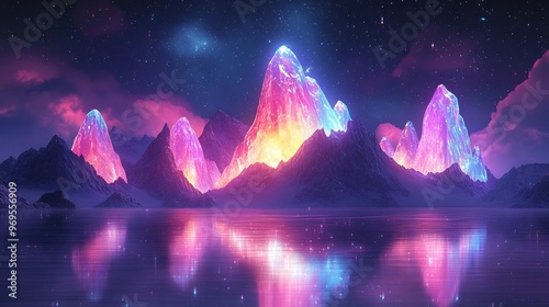 Vector design of a surreal mountain range where the peaks are shaped like giant colorful gemstones reflecting light in all directions creating a fantasylike atmosphere photo